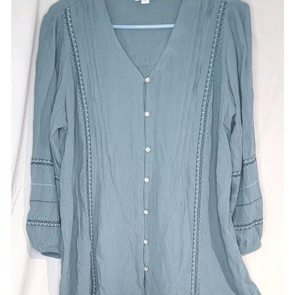 J Jill Women Small Blue Green Tunic Buttoned Embroidered Boho Festival Fairy Top